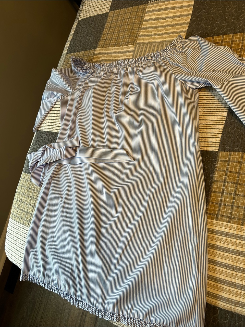 Striped Off-Shoulder Belted Dress in Light Blue and White
